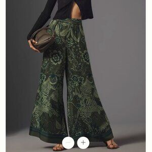 Farm Rio Anthropologie Satin Printed Green Wide Leg Pants size XS